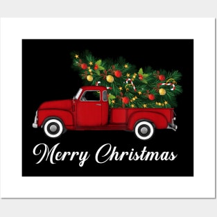 Merry Christmas Retro Vintage Red Truck Posters and Art